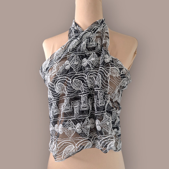 90s Vintage Cream Embroidered Sheer Black Mesh Wrap Shawl - Picture 1 of 9